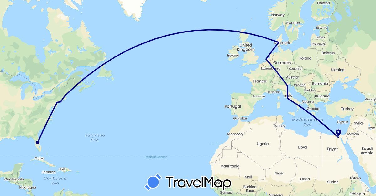 TravelMap itinerary: driving in Denmark, Egypt, Italy, Netherlands, United States (Africa, Europe, North America)